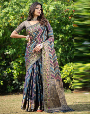 Satrani Woven, Embellished, Self Design Ikkat Organza, Jacquard Saree(Blue, Multicolor)