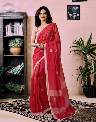 Samah Printed, Digital Print Bollywood Chanderi, Cotton Blend Saree(Red)