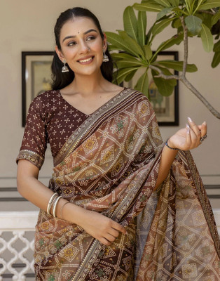 Samah Printed Bandhani Georgette, Chiffon Saree(Brown)