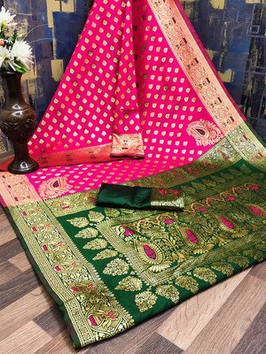 JOYSONIC Woven Kanjivaram Pure Silk, Art Silk Saree(Pink)