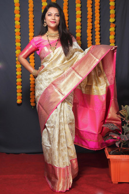 WEYLIN Woven Narayanpet Jacquard, Cotton Silk Saree(Cream)