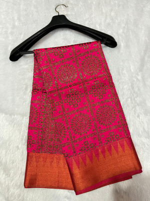 Arzoo kala textiles Self Design, Temple Border, Woven Chanderi Cotton Silk Saree(Pink)