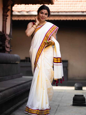 Varshika Tex Solid/Plain Kasavu Cotton Linen Saree(White)
