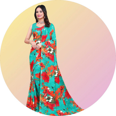 HouseOfCommon Printed Daily Wear Georgette Saree(Green, Red)