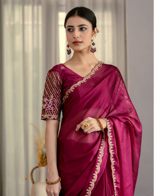 Satrani Solid/Plain, Embroidered Bollywood Silk Blend Saree(Maroon)
