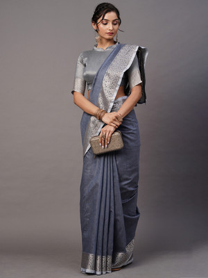 Divastri Woven, Floral Print Tant Linen Saree(Blue)