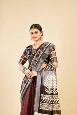 VTEXX Digital Print Saree with Attached Blouse Cotton Linen Saree(Multicolor)