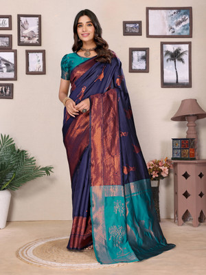 AVANTIKA FASHION Woven Kanjivaram Pure Silk, Art Silk Saree(Dark Blue, Light Blue)