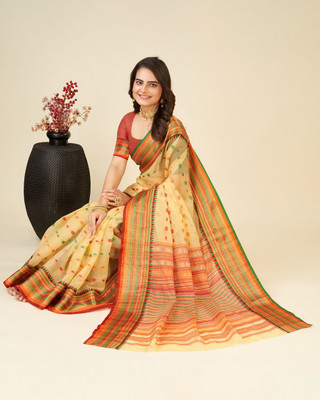 JIADIA Woven Kota Doria Cotton Silk Saree(Yellow)
