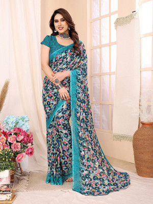 Moda Rapido Printed, Self Design Daily Wear Georgette Saree(Blue)