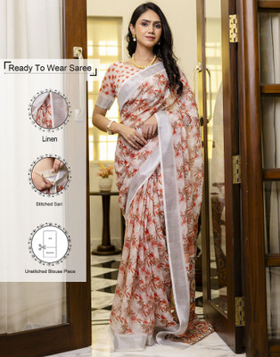 Samah Floral Print, Printed, Embellished Daily Wear Linen Saree(Red, White)