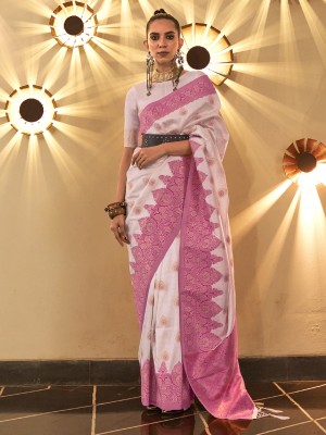 Divastri Woven Banarasi Silk Blend Saree(White, Pink)