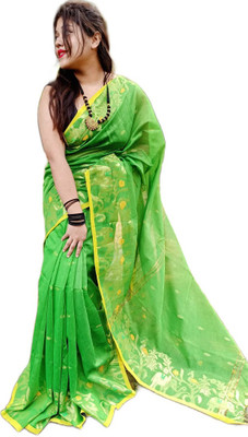 ASR Embroidered Handloom Pure Cotton Saree(Green)