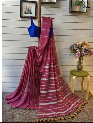 Trishul Striped Handloom Cotton Blend Saree(Pink)
