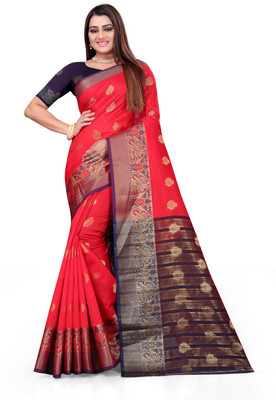Indian Fashionista Woven Banarasi Cotton Silk Saree(Red)
