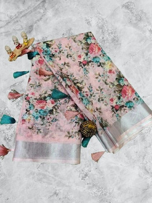 J6 Designers Floral Print Bollywood Linen Saree(Pink)
