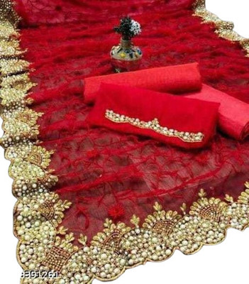 ZIVANTIX Embroidered, Embellished Bollywood Net Saree(Red)