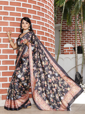 Divastri Floral Print Bollywood Satin Saree(Black)