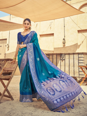 SWORNOF Woven Bollywood Silk Blend Saree(Blue)