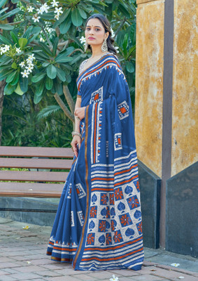 Divastri Floral Print Chanderi Cotton Blend Saree(Blue)