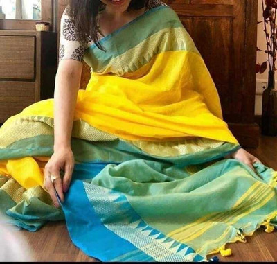 ADbutiq Woven Handloom Handloom Pure Cotton Saree(Dark Green)