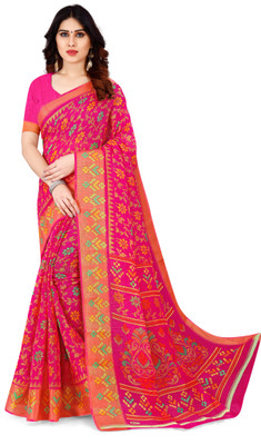 HouseOfCommon Floral Print Bollywood Cotton Linen Saree(Pink)
