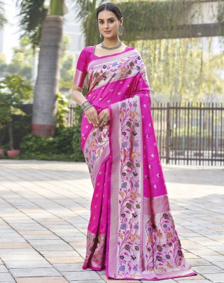 SIRIL Woven, Self Design, Embellished Paithani Art Silk Saree(Pink, Silver, Multicolor)