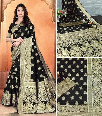 KAKADIYA Woven, Floral Print Banarasi Pure Silk Saree(Black)