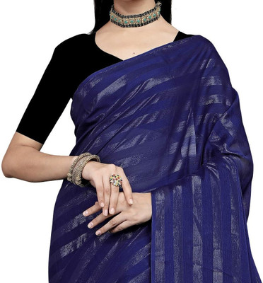 BORBOLETA Self Design, Striped Bollywood Chiffon Saree(Dark Blue)