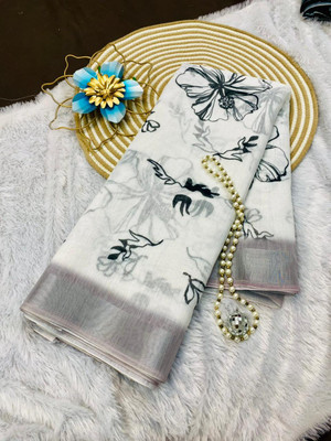 KOTHARI KREATION Printed, Floral Print, Woven Bollywood Cotton Linen Saree(White, Grey)