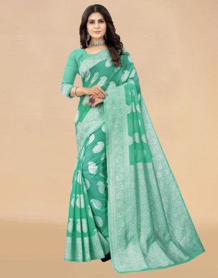 Samah Woven, Embellished, Self Design Banarasi Cotton Blend Saree(Green, Silver)