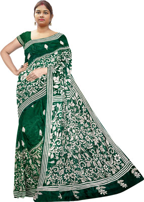 SHRISTI CLOTHINGS Embroidered Kantha Silk Blend Saree(Dark Green)