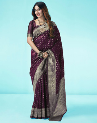 Samah Woven, Embellished Banarasi Silk Blend Saree(Purple, Gold)