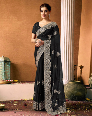 Tasrika Embroidered, Embellished Bollywood Net Saree(Black)