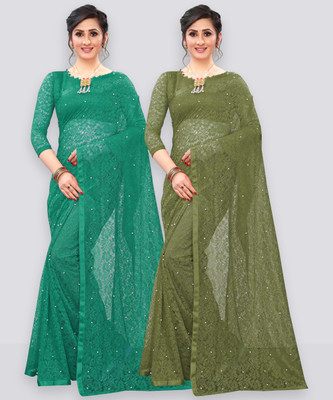 LOROFY Self Design Bollywood Net Saree(Pack of 2, Multicolor)
