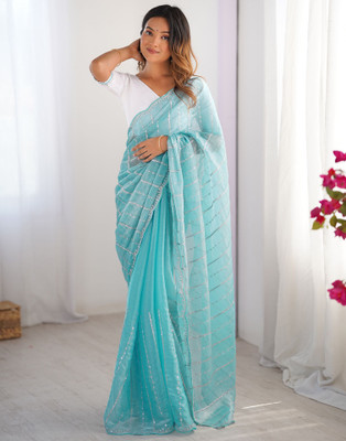 Satrani Embroidered, Embellished Bollywood Jimmy choo, Chiffon Saree(Light Blue)