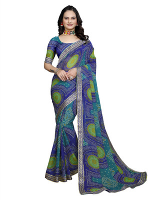 Anmi Printed Bandhani Georgette Saree(Blue)