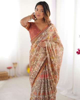 DHAYNAAND REEWA FASHION Digital Print Kalamkari Linen Saree(Multicolor)