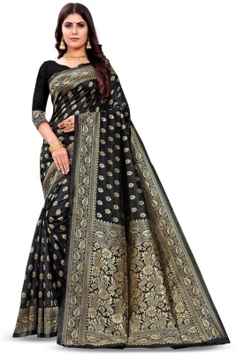 Houri Fab Woven, Embellished Kanjivaram Cotton Silk, Jacquard Saree(Black)