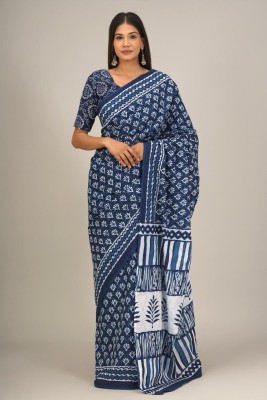 Kiaaron Hand Painted, Printed, Self Design, Blocked Printed Ikkat Pure Cotton Saree(Blue)