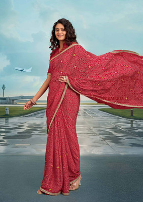 Laxmipati sarees Printed Saree with Attached Blouse Chiffon Saree(Red)