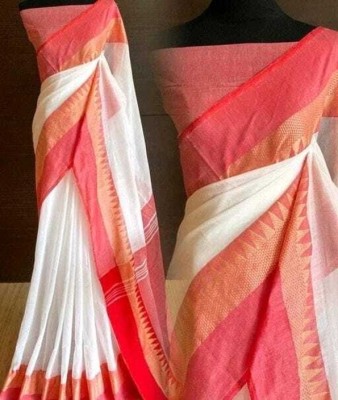 Sthaker Temple Border Handloom Cotton Blend Saree(White)