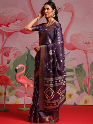 Sareemall Printed Bandhani Silk Blend Saree(Purple)