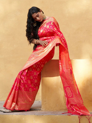 Janasya Woven Chanderi Silk Blend Saree(Pink)