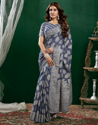 all about you Dyed, Self Design, Woven Banarasi Cotton Blend Saree(Dark Blue, White)