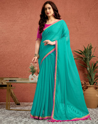 SIRIL Embellished, Solid/Plain Bollywood Georgette Saree(Light Blue)