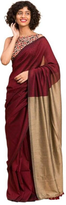 STRADHA Solid/Plain Daily Wear Cotton Blend Saree(Maroon)