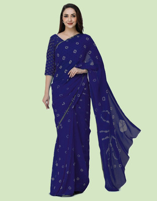 SainiVastra Printed Bandhani Chiffon Saree(Dark Blue)