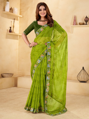 ANOUK Printed Bandhani Chiffon Saree(Green)