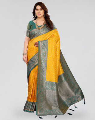 ANIRAV Printed Banarasi Cotton Silk Saree(Yellow, Green)